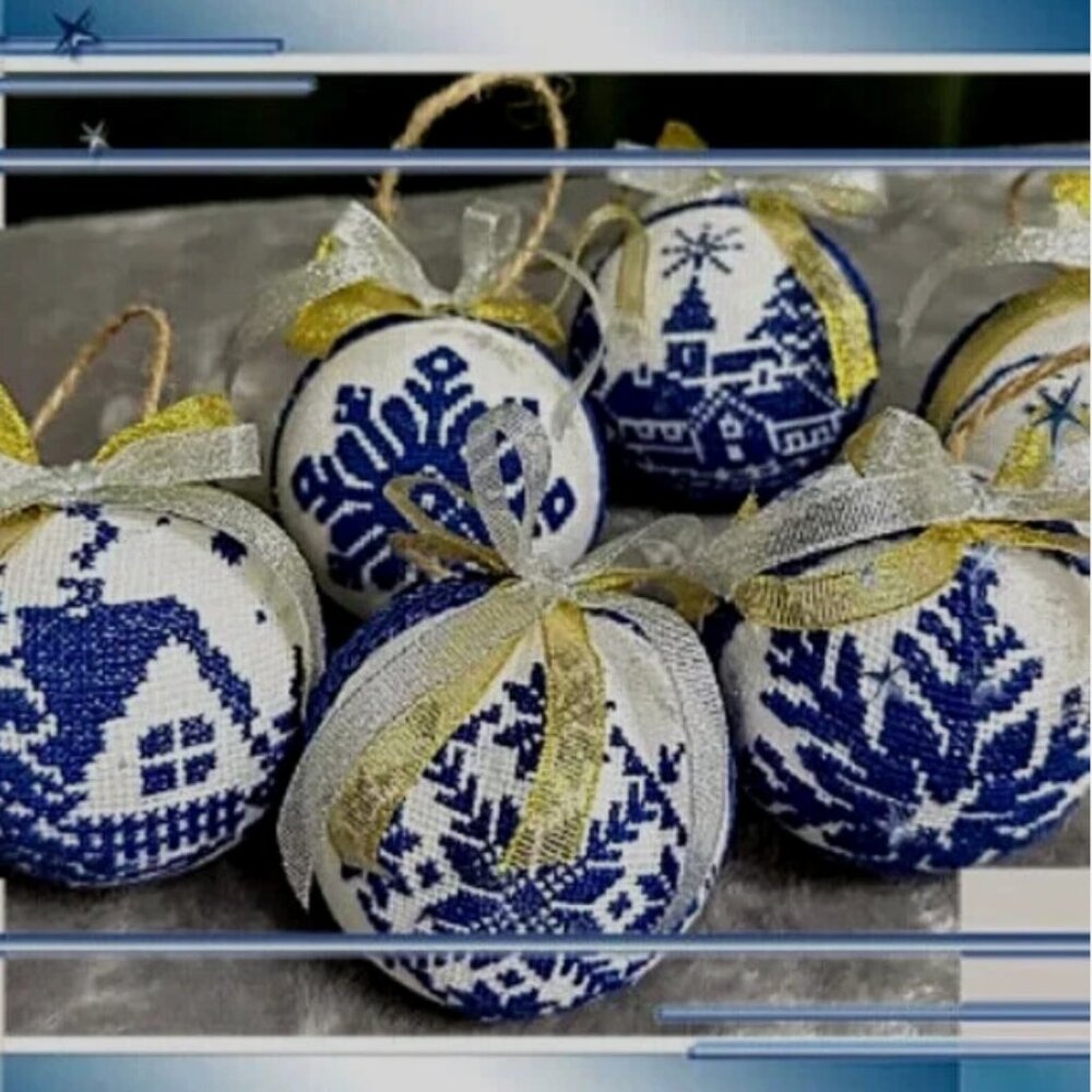 Set of 6 Handcrafted Embroidered Christmas Ornaments–Blue and White Nordic Style - Picture 1 of 13